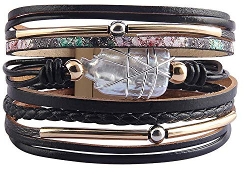 AZORA - Leder-Manschetten-Armband mit Barockperlen und Magnetverschluss - Grau, Schwarz