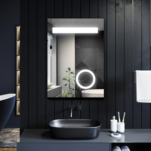 ELEGANT LED Bathroom Mirror with Shaver Socket, Illuminated Wall Mounted Vanity Mirror with 3 Colors Dimmable Light, Anti-fog, Memory Function, Magnifying 500 x 700 mm Touch Sensor