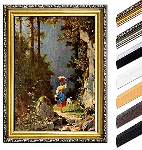 Bild mit Rahmen - Carl Spitzweg Mädchen mit Ziege 70x90 cm - Gerahmtes Leinwandbild Alte Meister - Antiker Rahmen Gold Barock, Klassisch