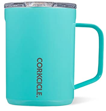 Corkcicle Origins Travel Coffee Mug - Triple Insulated Stainless Steel Cup with Handle for Tea, Hot Chocolate, Coffees, & More - Spill Proof, Reusable, Dishwasher Safe - Gloss Turquoise, 475ml/16oz