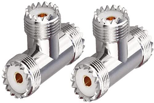 Triple Tee UHF Connector - Female to Dual UHF Female 3 Way Splitter Coax Adapter PL259 SO239 T Shape Adapter for Ham Radio CB Antenna 2 Pack