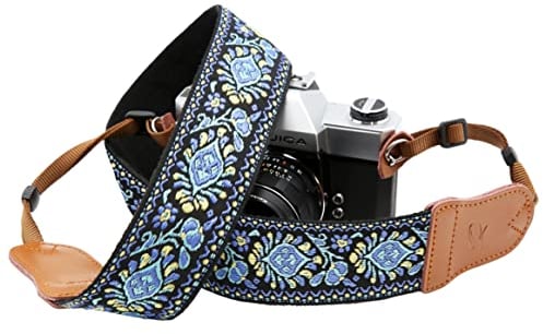 Padwa Lifestyle Sangle Appareil Photo - Extrémités en Cuir de Vachette Ddouble Couche,Sangle D'appareil Photo en Coton Brodé de 2,Bandoulière Photographe Réglable Pour Tous Les Appareils Photo DSLR