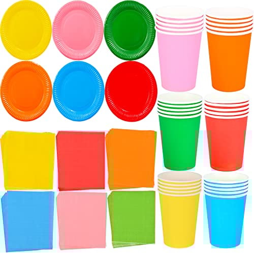 NAUZE Suministros de fiesta arcoíris 72 piezas de vajilla multicolor para fiesta, cóctel, almuerzo, bebidas, servilletas, platos de papel, tazas de 9 onzas para ducha, compromiso, boda, fiesta de