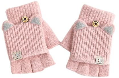 Teogneot Jungen Mädchen Halbfinger Handschuhe Warme Halbe Finger Strick Handschuhe mit Flip Top,10-15 Jahren(Rosa)