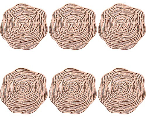 SCF2017 PVC Rose Shape Coasters for Drink Cup Mats Small Cute Placemats Set of 6,Rose Gold