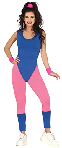FIESTAS GUIRCA 80er Jahre Workout Aerobic Training Anzug Kostüm – 80er Jahre blauer und rosafarbener Sport Outfit für Karneval Fasching Damen Größe M 36-38