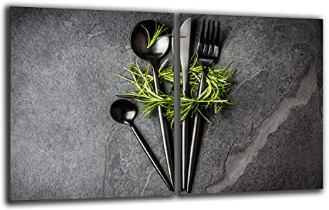 Herdabdeckplatte Abdeckung Ceranfeld Abdeckplatte Schneidebrett 2-Teilig 80x52 Kräuter Besteck Grau Spritzschutz Glasplatte Ceranfeldabdeckung Herdschutz Sicherheitsglas Glasschneidebrett 2x40x52