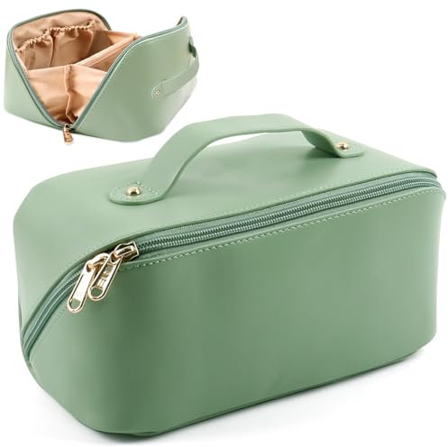 MAMUNU Trousse de rangement de maquillage de voyage de grande capacité avec poignée et fermeture éclair - Grande trousse de toilette avec compartiments pour femmes et filles, Vert, 25.00x12.00x12.00cm