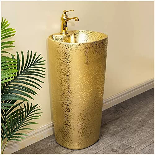 ZTGL Lavandino A Colonna 41x80 cm Oro Piedistallo Cilindrico in Ceramica Lavabo Lavandino Lavello a Colonna da Appoggio a Terra Lavandino da Bagno Con Rubinetto E Scarico Set