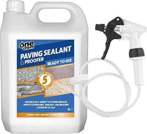 One Chem - Paving Sealant and Proofer - 5 Litre Water Seal - with Long Hose Trigger - Breathable, Colourless Waterseal for Brick, Wood and Stone