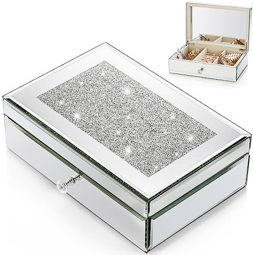 Lyellfe Glass Jewelry Box, Silver Mirror Vanity Organizer with Bling Finish Lid Velvet Tray, Luxury Keepsake Display Box for Women, Earring, Ring, Necklace