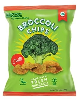 Vegetables Crisps, Chilli Broccoli Crisps, Growers Garden (12 x 84g Sharing Bags). Tasty Low Calorie Snacks, made with 28% Fresh Broccoli, Vegan Registered Healthy Crisps - Genuine Vegan Snacks