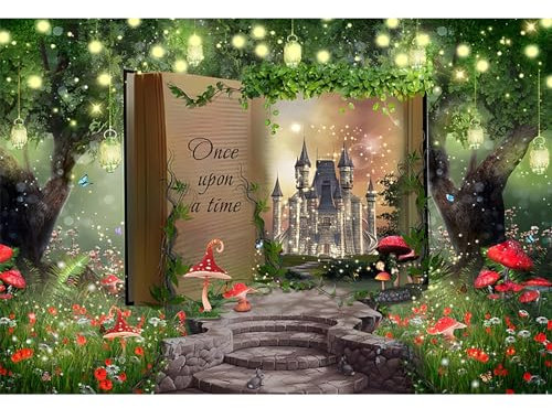 MIRRORANG 3x2,5m Arrière-Plan de forêt enchantée Conte de fées Livre Magique château Fantaisie Champignon lucioles Photographie décoration de fête prénatale Anniversaire, Vinyle