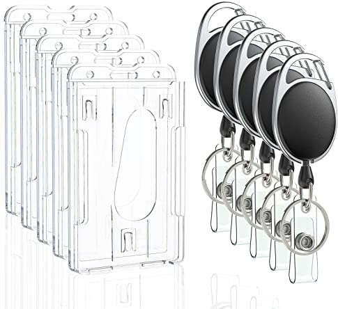 Uniclife Vertikaler Ausweishalter für 2 Karten mit Daumenschlitzen Harter transparenter PC-Gehäuseschutz mit einziehbarem Ausweishalter-Karabinerclip für Kreditkarten, 5 Stück
