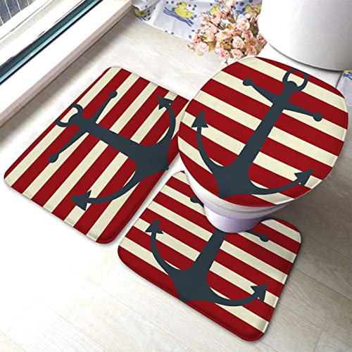rutschfeste 3 Badteppich Set Vintage Stil Anker Und Rot Weiß Gestreift Digitaldruck rutschfeste Fußmatte Set Langlebige U-Förmigen Contour Matte, Für Spa, Badezimmer