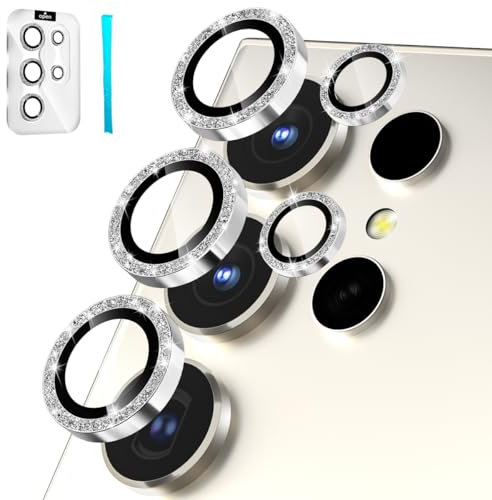 imluckies [3+2 Glitzer Kameraschutz für Samsung Galaxy S24 Ultra Kamera Linsen Schutzfolie, Anti-Kratz Aluminium-Legierung Gehärtetes Glas, HD Rückseite Kamera Schutz Zubehör 2024, Bling Silber