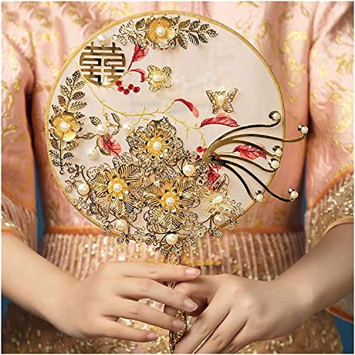 EFARMA Chinese wedding fan, Chinese Gold Butterfly Bridal Fan Bouquets Classic Handmade Embroidery Round Hand Fan Wedding Accessories (Color : Multicolored)