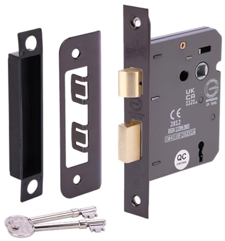 HANDLEZONE® 65mm (2 1/2 inch) Black Nickel 3 Lever Mortice Sashlock for Internal Timber Doors, Security Key Operated Lock, Reversible Latch, CE & UKCA Approved - Fire Rated - 45mm Backset