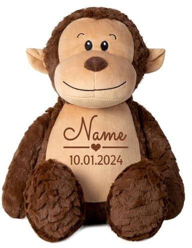 Elefantasie Stofftier AFFE braun mit Name personalisiert Kuscheltier für Kinder Flauschiges Plüschtier 40cm Motiv Name und Datum