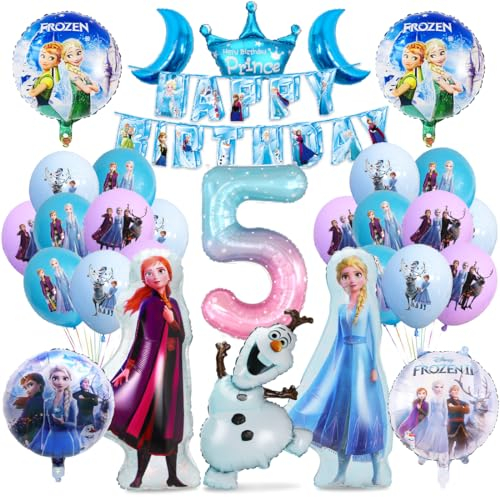 Frozen Geburtstagsdeko 5 Jahre, Geburtstag Luftballons Mädchen, Prinzessin Luftballons Geburtstag 5 Jahre, Folienballons Blau Geburtstagsdeko für Geburtstag Mädchen Party Dekoration Zubehör