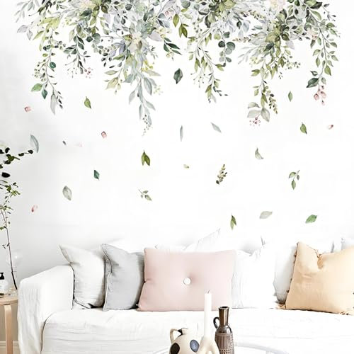 Hanging Leaves Wall Stickers - Lively Green Plants and Flowers Wall Stickers for Bedroom, Living Room, Sofa, TV Background - Easy to Apply Peel and Stick Wall Decals