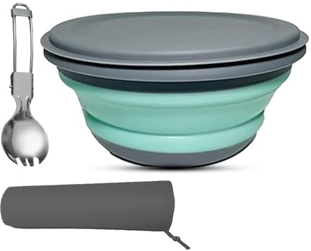RMAMSCOV Camping Bowl, 1 PCS Food Grade Silicone Collapsible Bowl Lunch Box Salad Bowl with Lid, Expandable Food Storage Containers Set with Free folding tableware and storage bag (Blue-1000ml)