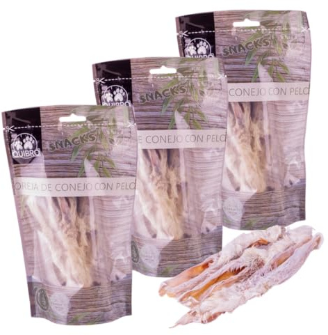 Quibropets Oreja de Conejo con Pelo deshidratadas, 100% Naturales y sin Cereales - Premios hipoalergénicos y saludables – Pack de 3 envases (3x100g) – Total 300g
