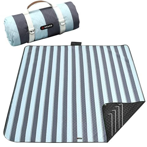 HX&OD Outdoor-Picknickdecke, extra groß, 203 x 203 cm, wasserdichte Picknickmatte mit Heringen, faltbare Campingdecke, tragbar mit Tragegurt für Strandmatte, Grau und Grün, 203 x 203 cm