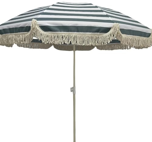 Parasol Plage avec Frange,180cm Parasol de Jardin Exterieur Inclinable, Hauteur Réglable, pour Jardin, Pelouse, Piscine, Table de Cour