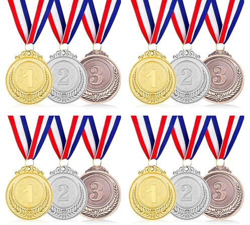 SULOLI 12 Pezzi Medaglie Premiazioni,Medaglie Bambini in Metallo con Nastro al Collo,Medaglia Premi per Sport Scolastico,Festa Gioco Concorrenza Premi(Oro Argento Bronzo)