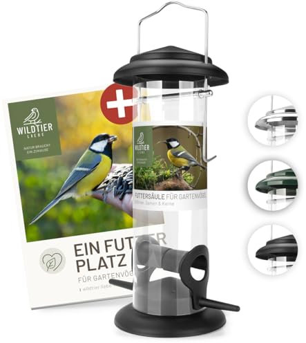 wildtier liebe Körner Futtersäule, Vogelfutterspender 23,5cm, Schwarz- aus rostfreiem Metall I Vogel-Futterstation, Vogelfutter-Säule, Wildvögel Futtersilo I Ganzjährige Vogelfütterung