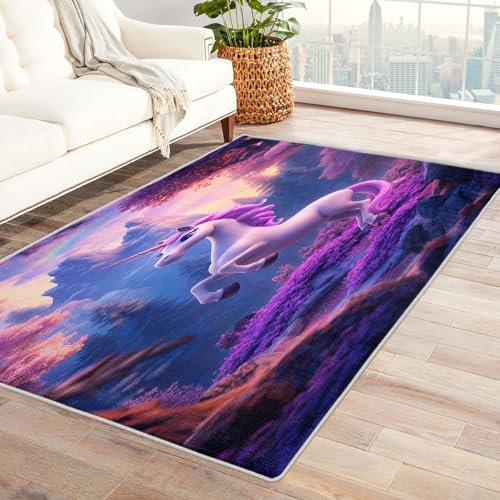 Einhorn Teppich Kinderzimmer - Teppich Wohnzimmer Schlafzimmer Mädchen Einhorn, Kleiner Teppich Lila Pferd, Weich Kurzflor & Waschbar & rutschfest Fussmatte Innen, Kinderteppich 50x80 cm