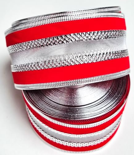 CaPiSo 10m Weihnachtsband Draht Schleifenband Geschenkband mit Sternen Glitzer Adventskranz Dekoartion Advent Weihnachten (Velour 10m 50mm Exclusiv Rot-Silber)