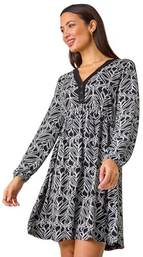 Roman Stretch Jersey Dress for Women UK - Ladies Gathered Waist A Line Swing Skater Fit & Flare A Line Winter Autumn Knee Length V-Neck Casual Smart Cocktail Party Going Out - Black Grey - Size 12