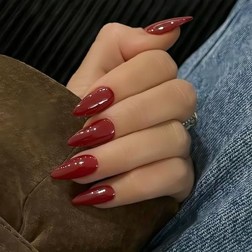 SXVME Red False Nails Medium, Acrylic Press on Nails Almond Solid Color Full Cover Fake Nails Medium Stiletto Stick on Nails for Women DIY Nail Art 24 Pcs