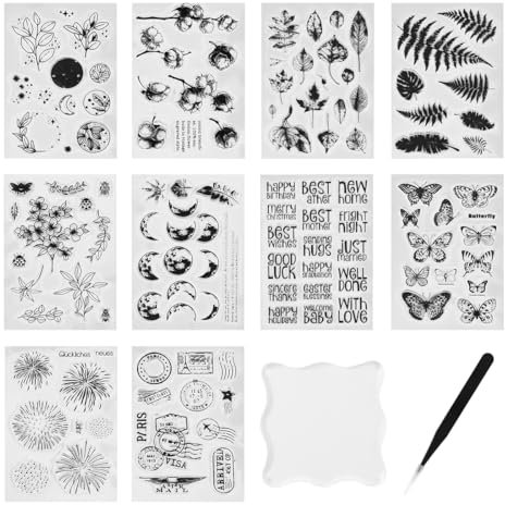 10 Silikonstempel Set, Enthält 1 Acrylplatte Clear Stamps Vielzahl von Mustern silikon stempelset Clear Stamps Glückwünsche Clear Stamp für Geburtstag Weihnachten DIY Journal Scrapbooking