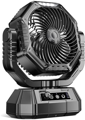 VTHW Camping Fan, 20000mAh Rechargeable Battery Fan with Remote, Stepless Speed, 270° Rotation, Timer Mode, Hook, LED Light, Personal Desk USB Fans for Outdoor Tent Camping (Black)