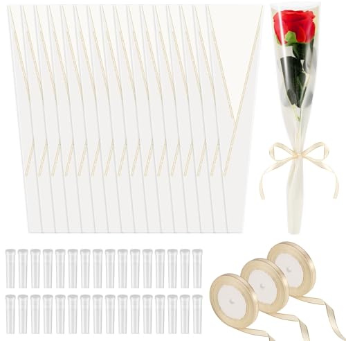 Yocdunm Set of 200 Single Rose Sleeve Bulk Kit 200 Pcs Single Flower Wrapping Paper Bouquet Bags 200 Pcs Plastic Flower Water Tubes for Graduation Birthday (White, M)