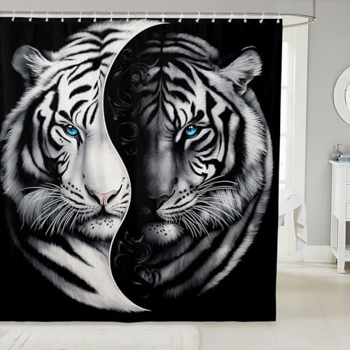 Homewish Weißer Tiger Duschvorhang 180X180 Kinder, Wildtier-Motiv Dusch Vorhang für Mädchen Jungen, Yin Und Yang Schwarz-Weißes Muster Vier Jahreszeiten Gemütlich Wasserdicht Mit 12 Haken