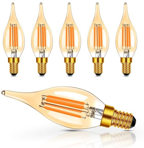 Hcnew Lot de 6 Ampoules LED E14 à Intensité Variable, en Forme de Bougie,Blanc chaud 2700K,4W (équivalent 40W),400 lumens, Verre Ambré, Parfait pour lustres,appliques murales et lampes de table