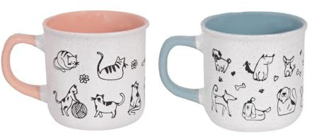 Set of 2 Cat & Dog Themed Mugs Pink Blue Interior - 11 Ounce 310ml Modern Contemporary - Tea Coffee Cups Latte Cappuccino Hot Chocolate Drinks - Home Kitchen Work Office Mug Set Gift