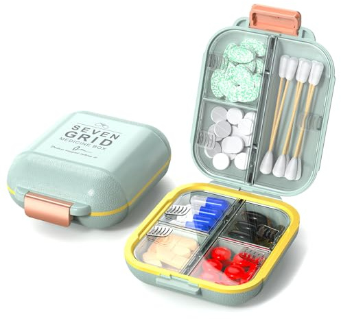 ZORVIDSON Travel Pill Organizer, Portable Pill Box with 7 Compartments, BPA-Free Plastic Pill Holder, Compact Medicine Pill Case for Vitamins & Supplements (Green, Small)