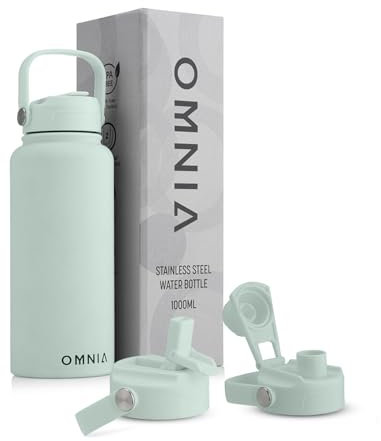 OMNIA Vacuum Insulated Stainless Steel Water Bottle, 2 Lids (Straw & Spout) Leakproof, BPA-Free, Reusable Flask, Hot & Cold Thermos for Sports, Gym, Travel, Outdoors (Cool Green, 1000ML)