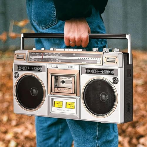 Lettore di cassette stereo, stile anni '80, lettore CD, radio AM/FM, supporto ingresso SD/USB, altoparlante di riproduzione Bluetooth per viaggi, feste, campeggio, riunioni