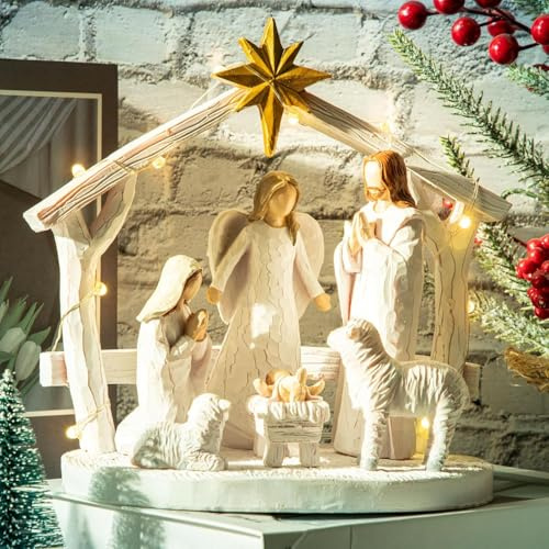 CHUANGLI Large Nativity Scene with Lights, Nativity Story Resin Sculpted Hand Painted Nativity Figurine Set for Christmas Holy Family Manger Scene for Christmas Tabletop Decorations