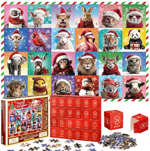 Wovnet 24 Boxen 1000 Stück Adventskalender 2025 Weihnachten Puzzle für Kinder Erwachsene Winter Schnee Tiere Puzzles 24 Tage Weihnachten Countdown Geschenke Strumpffüller für Jungen Mädchen
