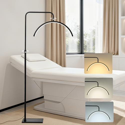 POWROL Stehlampe Halbmond Kurve 360°Verstellbarer Lampenkopf Höhenverstellbar 3 Farben Stehlampe Dimmbar LED Stehleuchte Schönheit & Wimpernverlängerung Schreibtischlampe Stehlampen Wohnzimmer