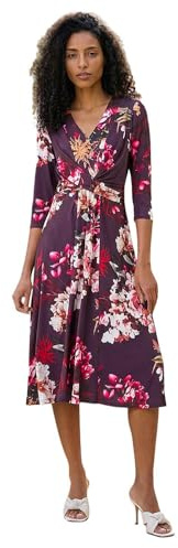 Roman Fit and Flare Dress for Women Ladies Chest Twist Knot Ruched Tea Skater Empire Waist Wedding Guest Smart Casual Swing Midi 3/4 Long Sleeve Knee Length - Floral Wine - Size 20