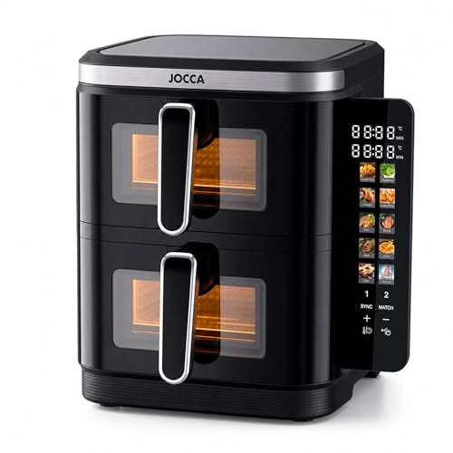 JOCCA - Freidora de Aire Digital Dual 11L (5,5L + 5,5L) | Airfryer Vertical con 2 Compartimentos con Ventanas, 10 Funciones, Pantalla Táctil LED a Color, 60–200°C, Antiadherente y Fácil de Limpiar