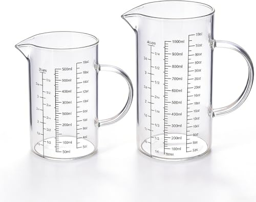 Set di 2 misurini in vetro da 500 ml + 1 l, trasparente con beccuccio e manico, 3 scale di misurazione (Ml/oz/tazze), brocca di misurazione per cottura e cottura, scala precisa, adatto al microonde